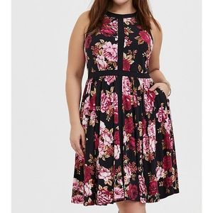 Black Floral High Neck Skater Dress